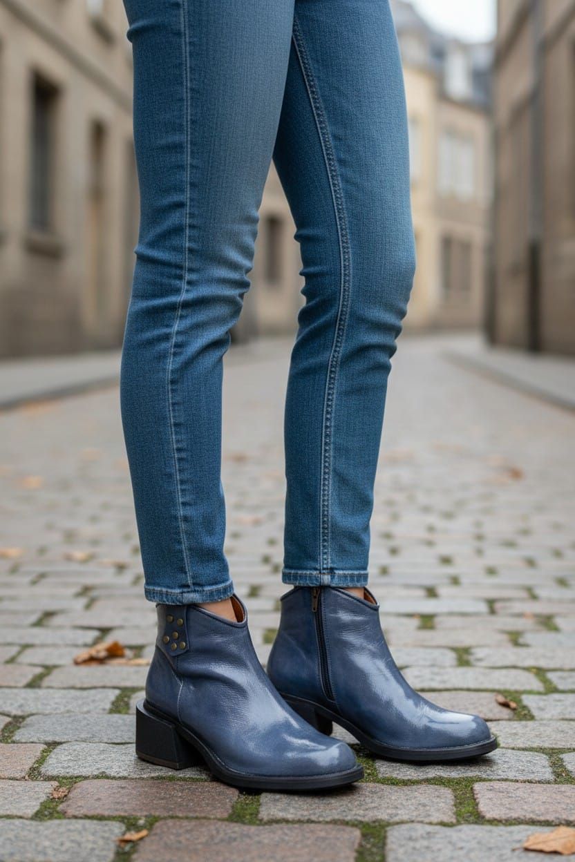 Botines de ante azul con tacones de bloque negros sobre un suelo de madera, con un arreglo floral al fondo.