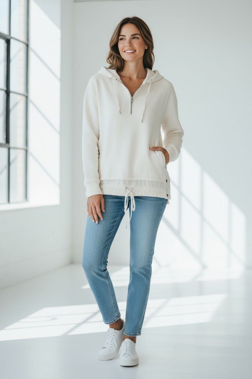 Mujer con blusa blanca y vaqueros de pie en una habitación luminosa y minimalista junto a una gran ventana.