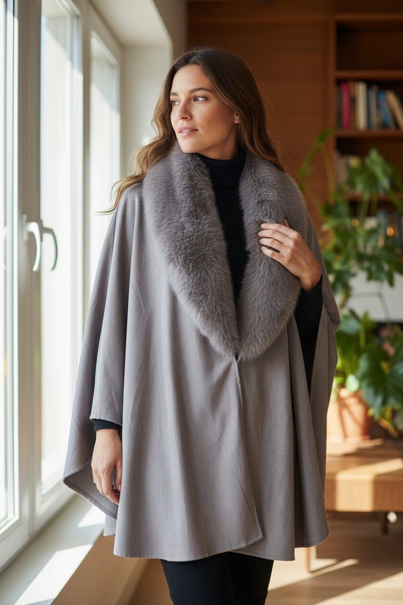 Mujer con un poncho gris con cuello de piel de pie junto a una ventana luminosa en el interior de una vivienda.
