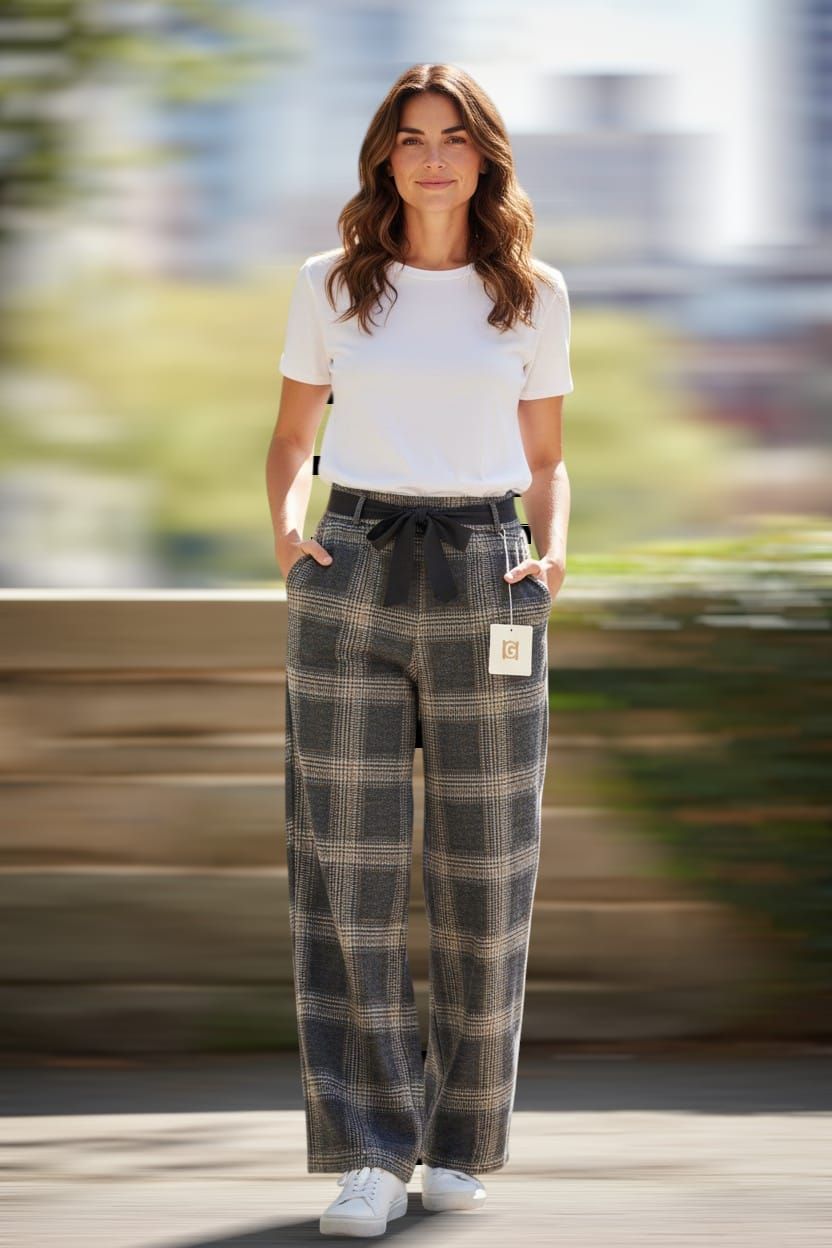 Mujer con camiseta blanca y pantalones de cuadros de pie al aire libre con un fondo borroso.