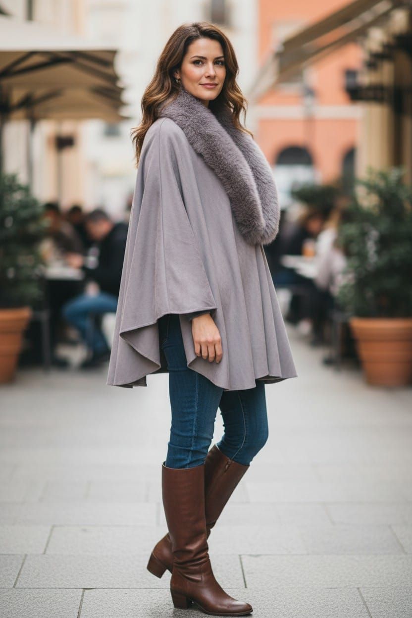 Mujer con un poncho gris con cuello de piel de pie junto a una ventana luminosa en el interior de una vivienda.