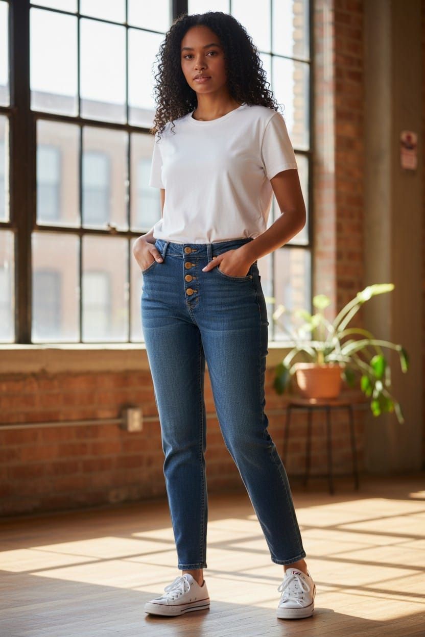 Mujer de pie en un loft soleado, vestida con una camiseta blanca, vaqueros y zapatillas deportivas.