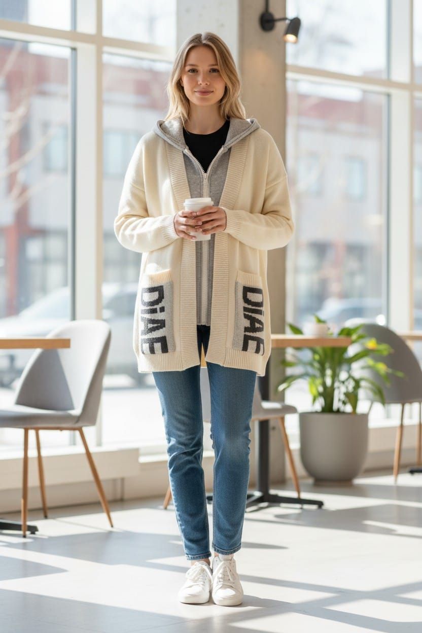 Una persona de pie en el interior de una habitación moderna y luminosa, vestida con un cárdigan .