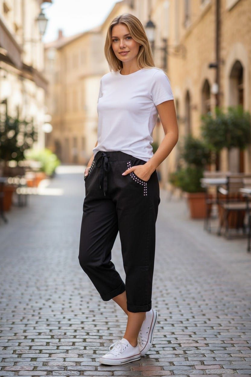 Mujer de pie en una calle empedrada con un suéter beige, pantalones negros y zapatillas blancas.