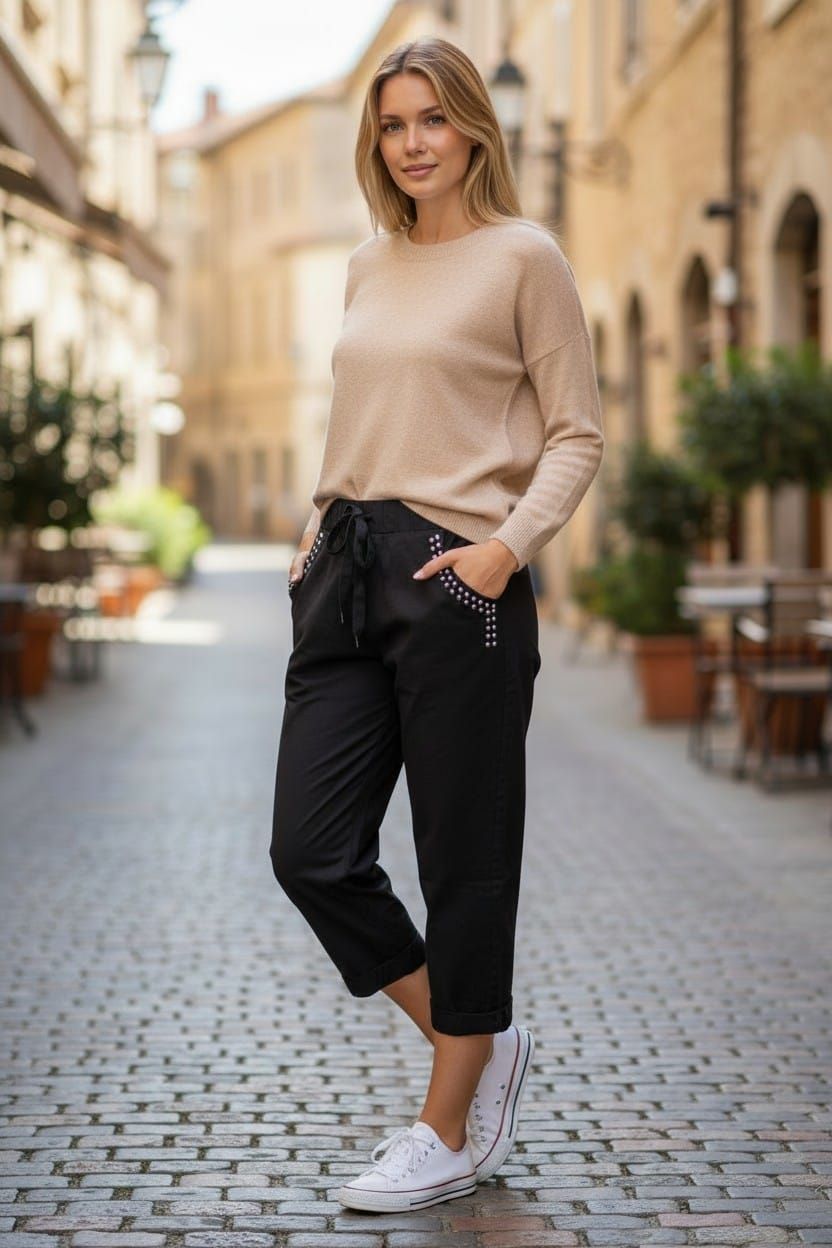 Mujer de pie en una calle empedrada con un suéter beige, pantalones negros y zapatillas blancas.