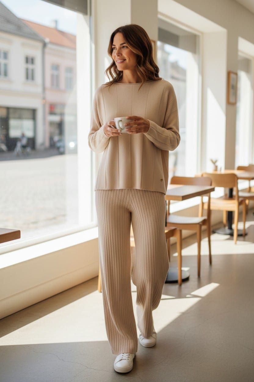 Top de punto beige de manga larga y pantalón ancho a juego colgados en una percha.