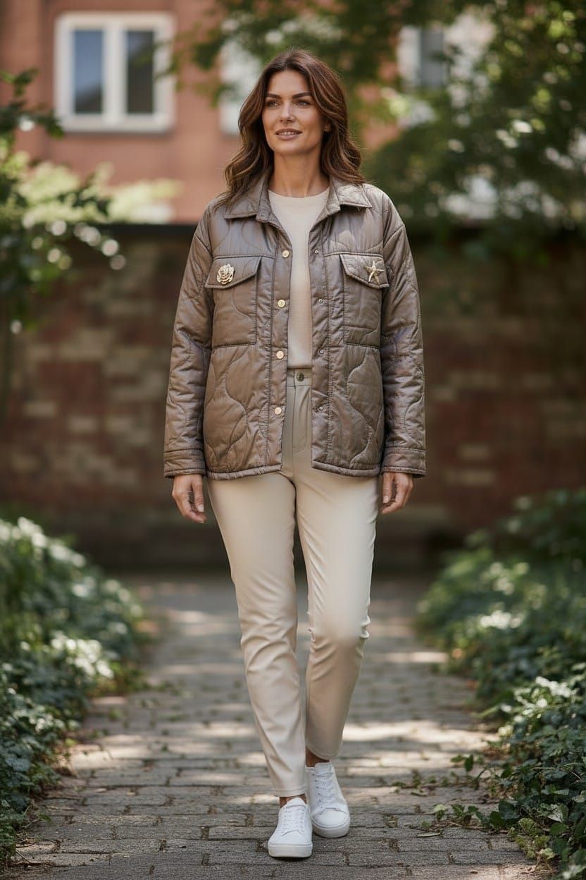 Mujer caminando por un sendero de jardín con una chaqueta acolchada beige, pantalones color crema y zapatillas blancas.