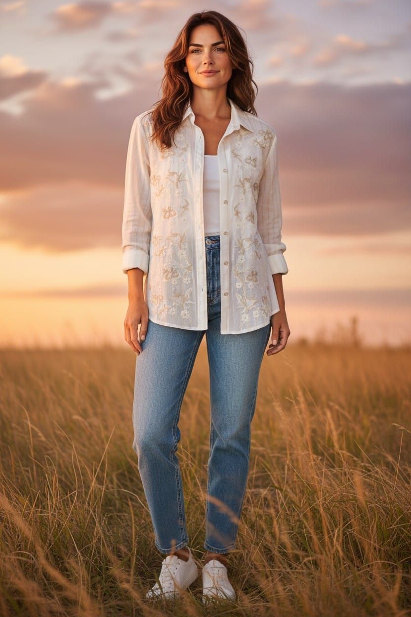Mujer de pie en un campo de hierba al atardecer, vestida con una camisa blanca y pantalones beige.