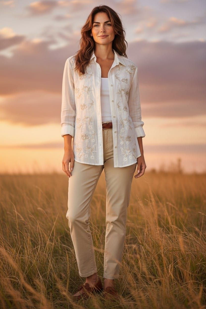 Mujer de pie en un campo de hierba al atardecer, vestida con una camisa blanca y pantalones beige.