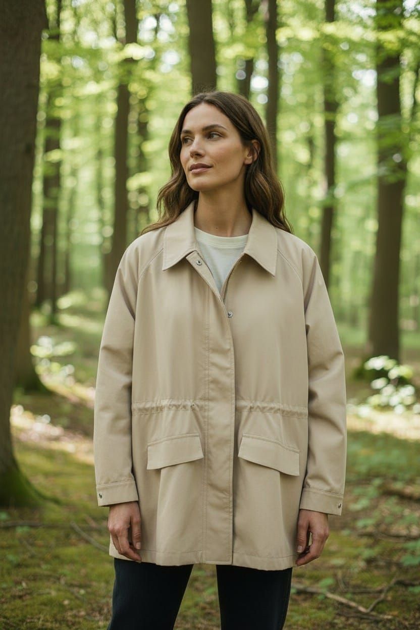Persona con chaqueta beige de pie en un bosque soleado.