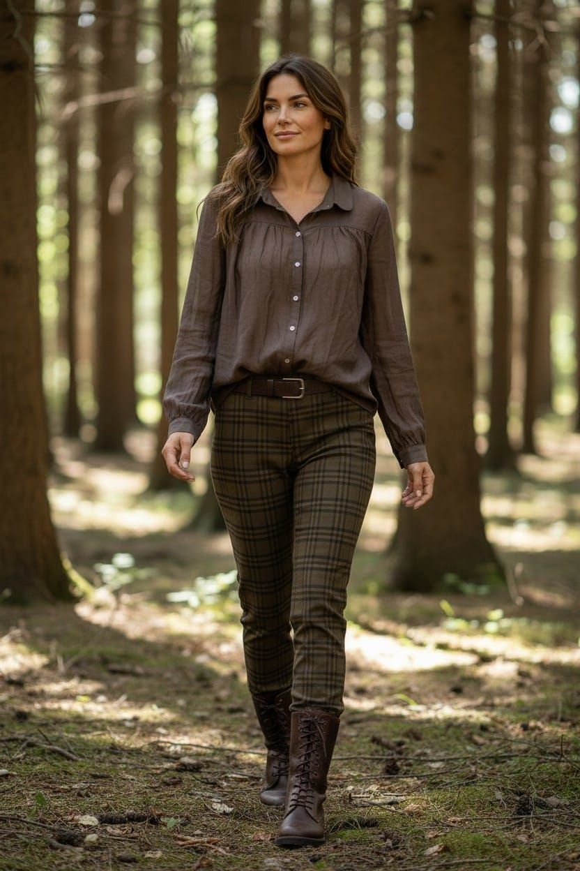 Mujer caminando por un bosque iluminado por el sol con una blusa marrón, pantalones a cuadros y botas.