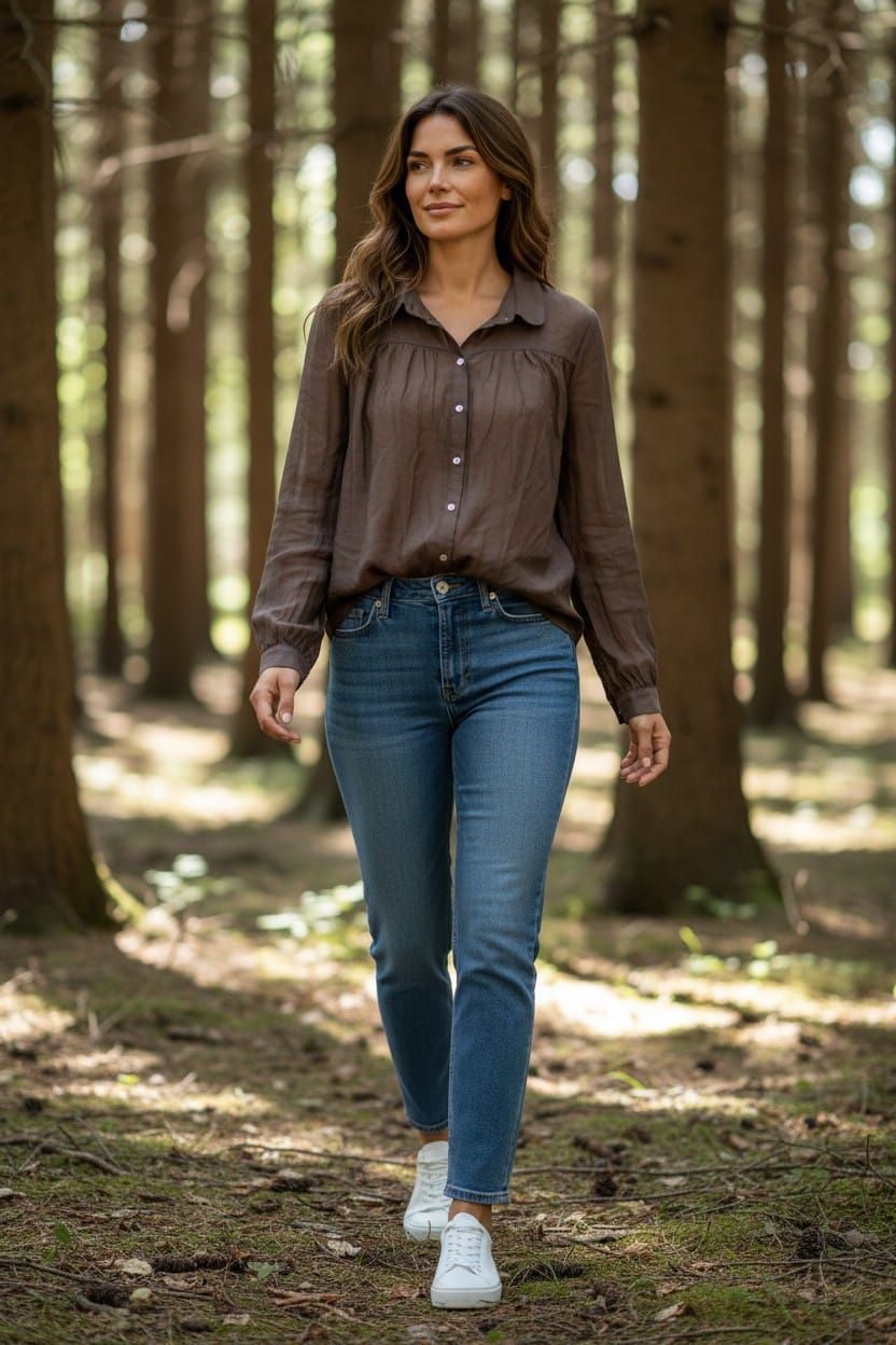 Mujer caminando por un bosque iluminado por el sol con una blusa marrón, pantalones a cuadros y botas.