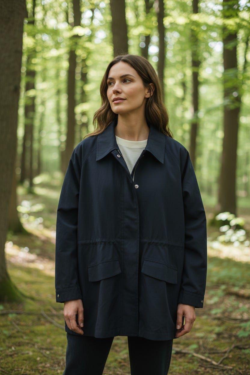 Persona con chaqueta beige de pie en un bosque soleado.