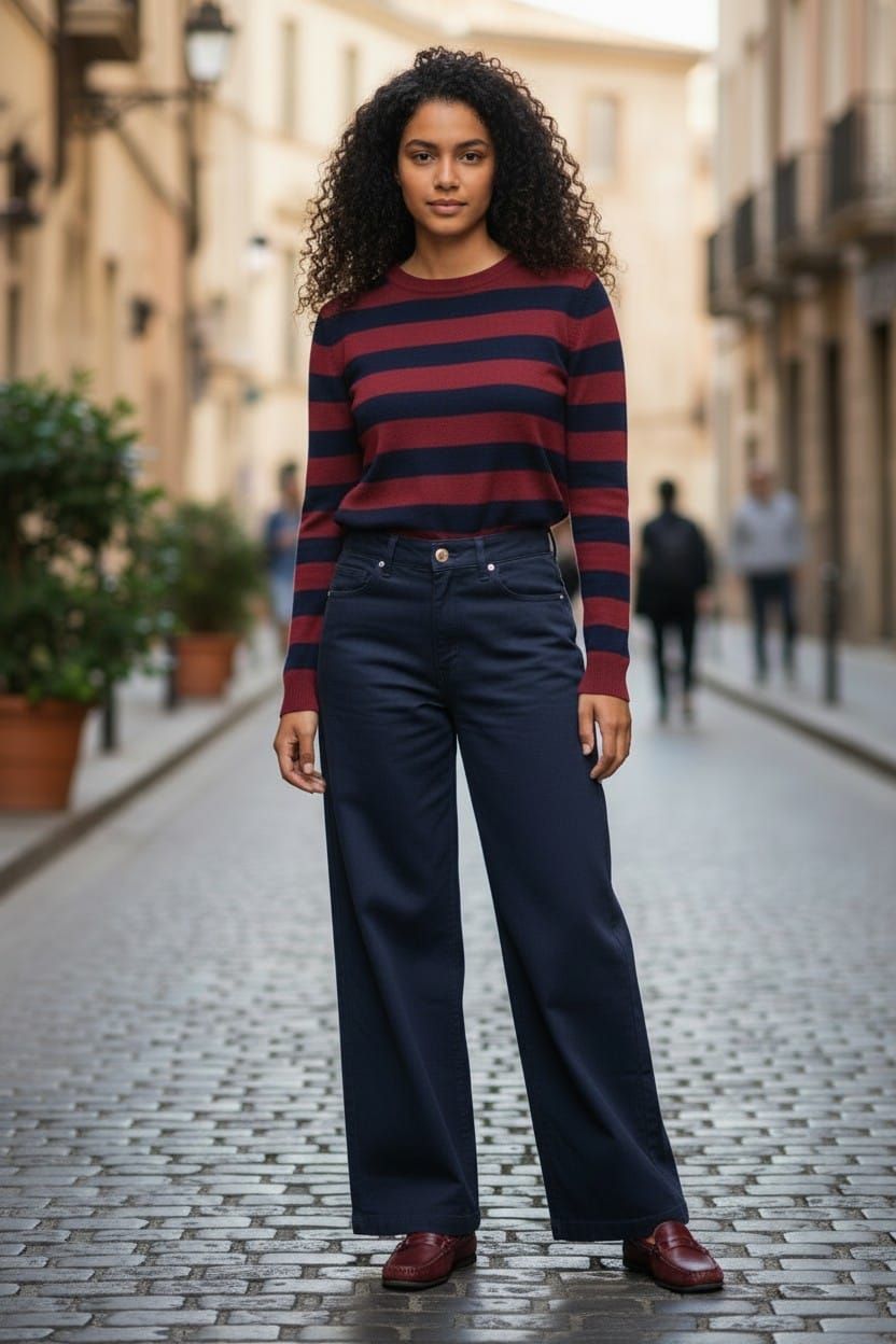 Mujer de pie en una calle empedrada con una camiseta blanca, pantalones azul marino y zapatillas deportivas.