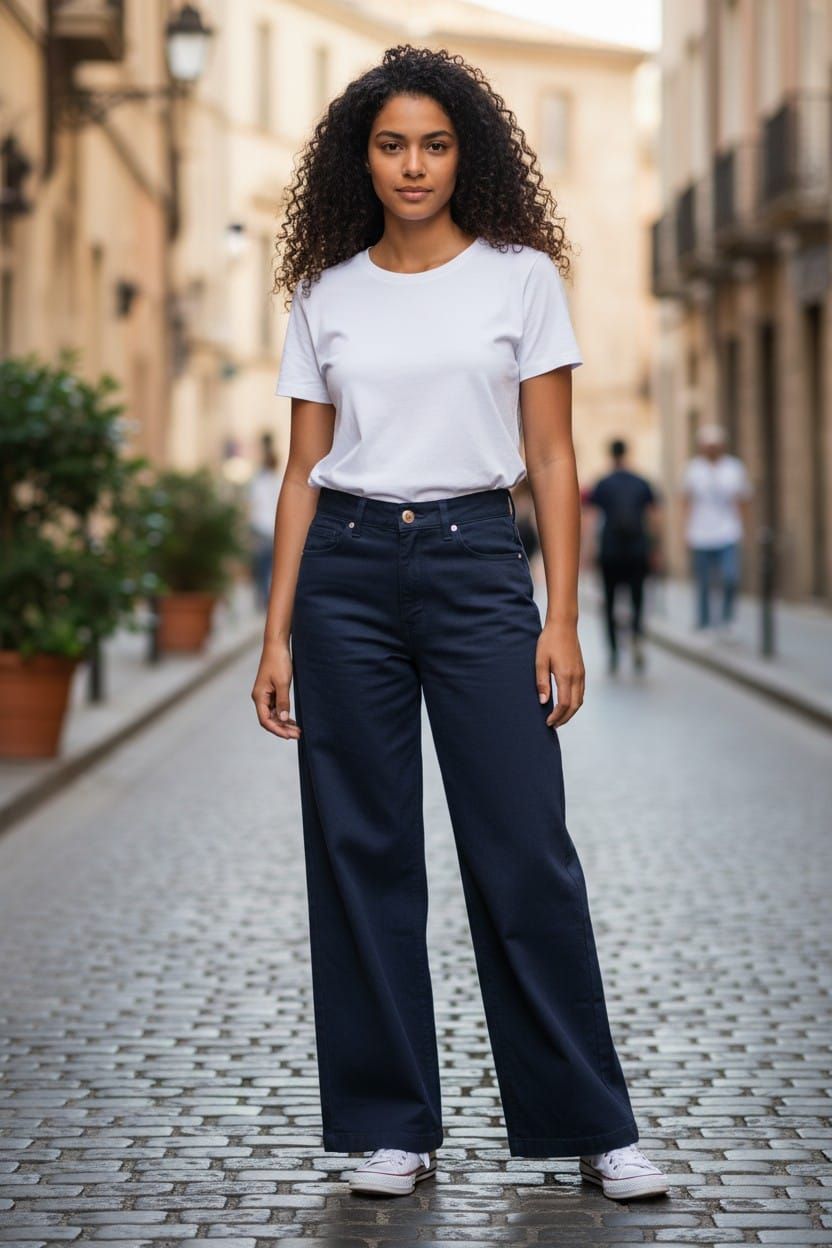 Mujer de pie en una calle empedrada con una camiseta blanca, pantalones azul marino y zapatillas deportivas.