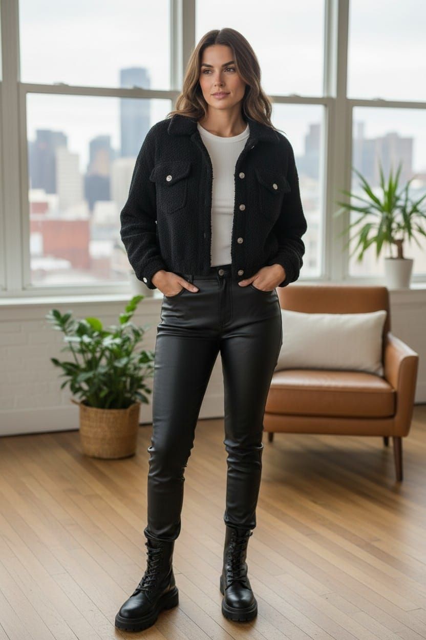 Mujer caminando por un sendero arbolado con una chaqueta oscura, camisa blanca y pantalones marrones.