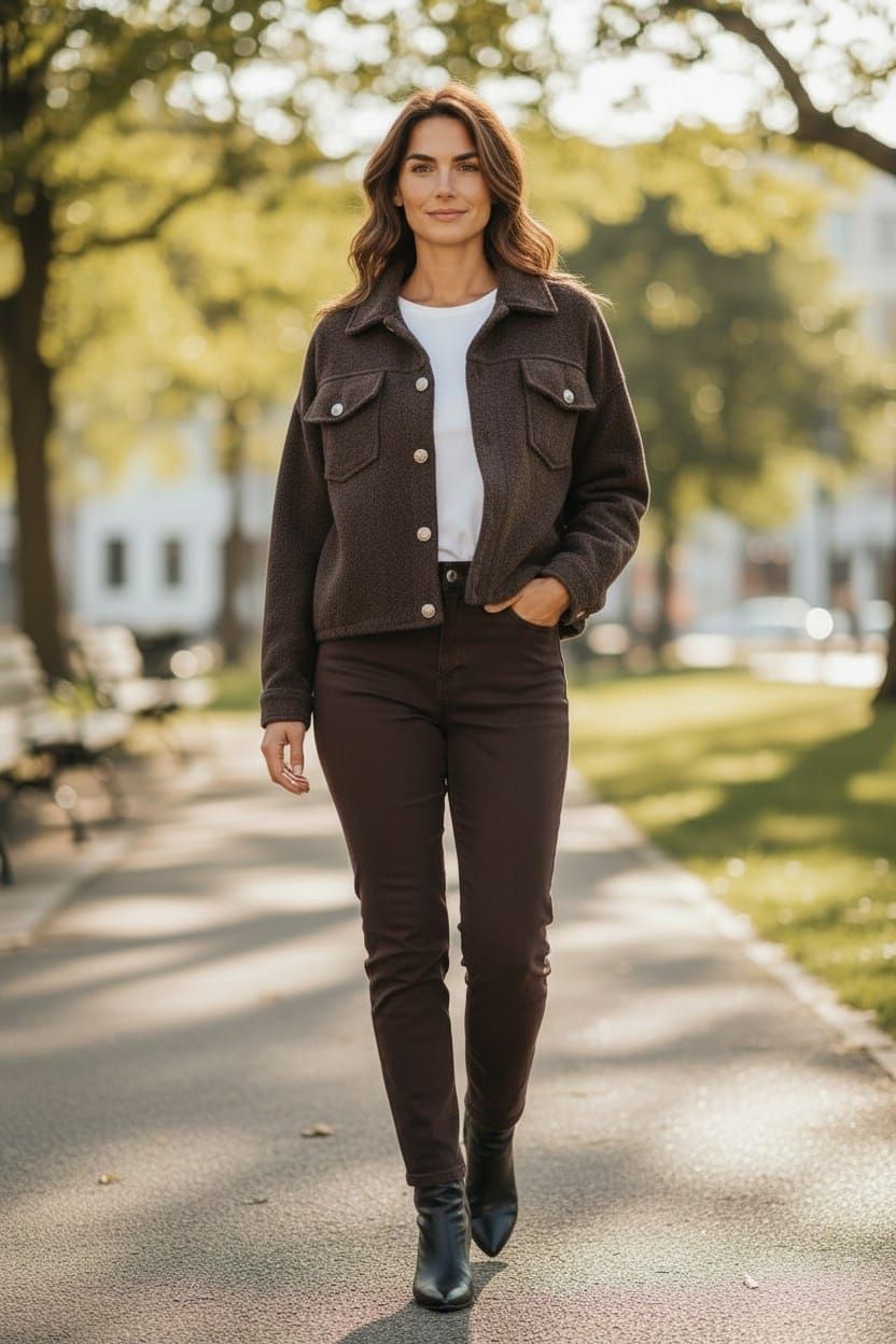 Mujer caminando por un sendero arbolado con una chaqueta oscura, camisa blanca y pantalones marrones.