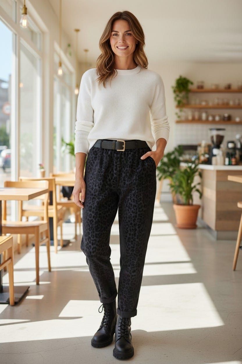 Mujer de pie en un café luminoso, con un suéter blanco y pantalones oscuros, con las manos en los bolsillos.