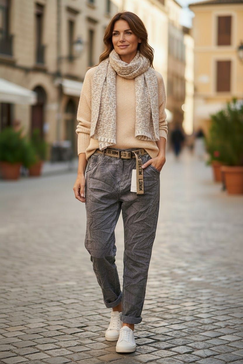 Mujer caminando por una calle empedrada con una bufanda beige, suéter color crema, pantalones grises y zapatillas blancas.
