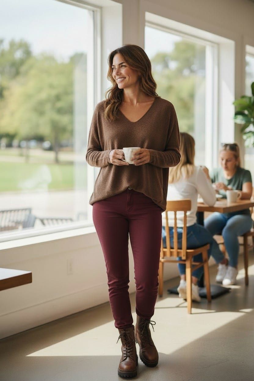 Una mujer de pie en una cafetería luminosa, sosteniendo una taza cerca de unas grandes ventanas.