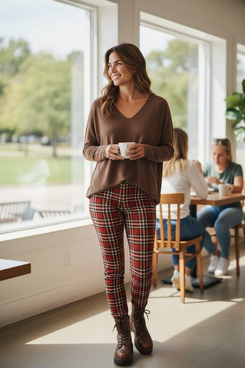 Una mujer de pie en una cafetería luminosa, sosteniendo una taza cerca de unas grandes ventanas.