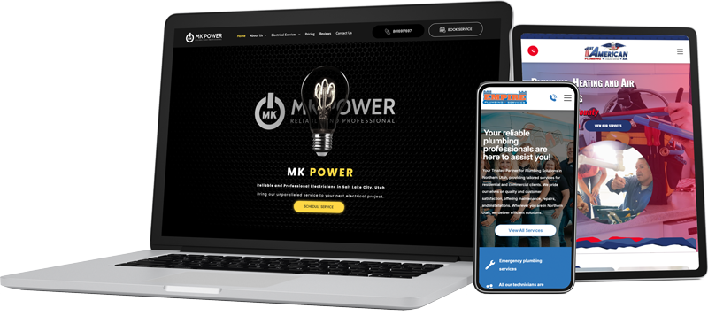 Laptop, phone, and tablet displaying websites with logos and content.