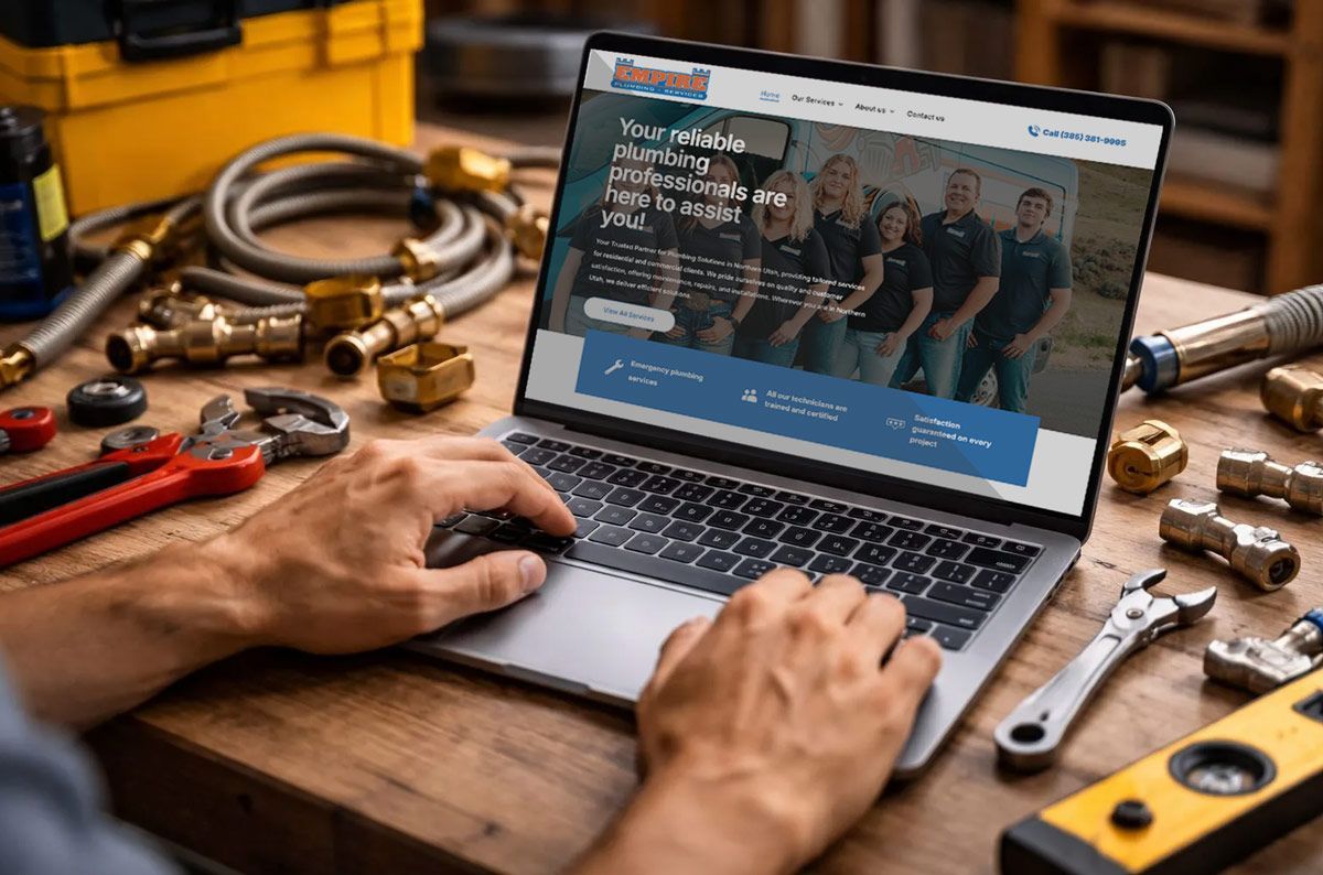 Man using laptop showcasing plumbing services, surrounded by tools on a wooden surface. Man using laptop showcasing plumbing services, surrounded by tools on a wooden surface.