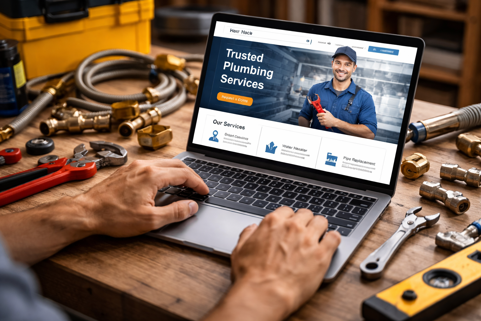 Man using laptop showcasing plumbing services, surrounded by tools on a wooden surface. Man using laptop showcasing plumbing services, surrounded by tools on a wooden surface.