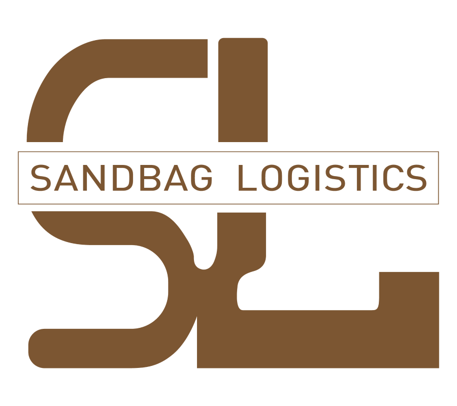 Sandbag Logistics logo in brown and beige with stylized initials behind the company name.