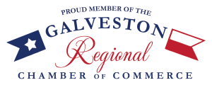 Galveston Regional Chamber of Commerce logo in blue and red with Texas-style icons
