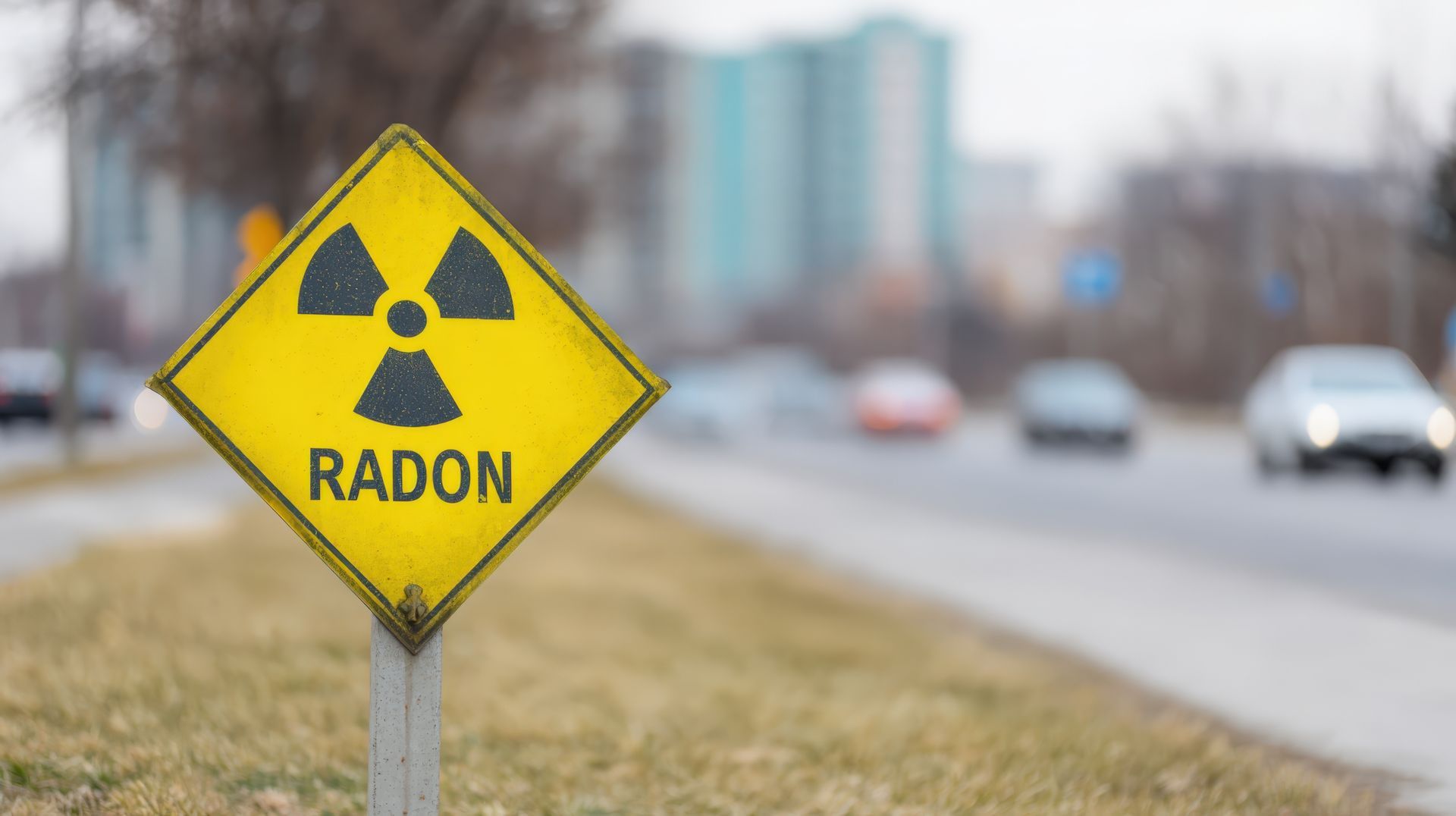 Yellow radon warning sign beside a roadside with blurred cars in background. Yellow radon warning sign beside a roadside with blurred cars in background.