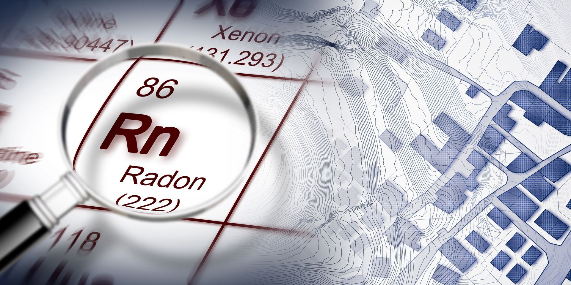 Magnified view of radon element on a periodic table overlaid on a residential area map.