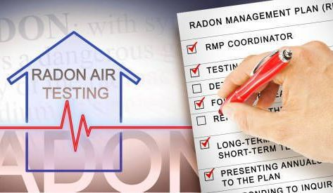 Hand holding pen, checking boxes on a radon management plan checklist, with a radon air testing logo in the background.