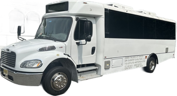 A white bus is parked on a purple background.