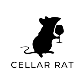 Black rat holding a wine glass above the words “CELLAR RAT”