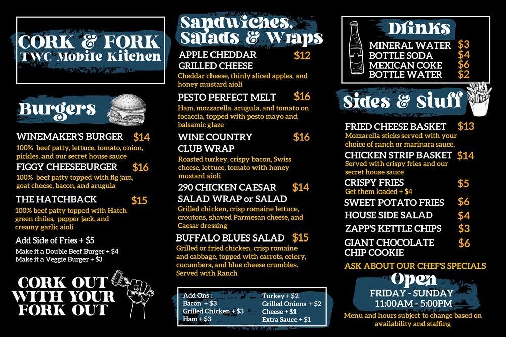 Black chalkboard-style menu for Cork & Fork with burgers, sandwiches, sides, wraps, and daily specials.