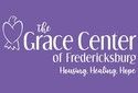 Logo for The Grace Center of Fredericksburg in white script on a purple background with heart icon