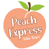 Peach-shaped logo reading “Peach Express Wine Tours” with green leaves and peach-orange background