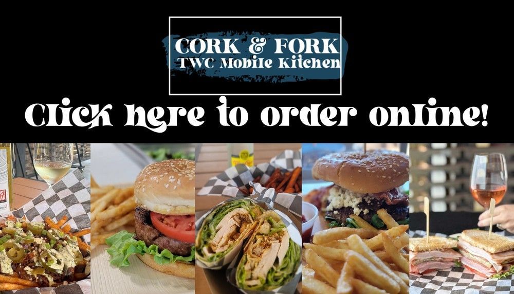 Cork & Fork restaurant banner with “Click here to order online!” and photos of sandwiches, burgers, and fries