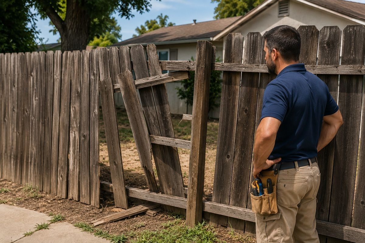 Realistic damaged wood fence showing several common problems in one scene, including missing boards and a leaning section.