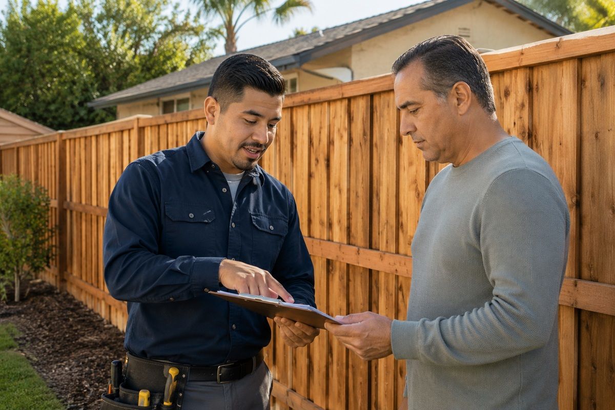 Homeowner reviewing a fence repair estimate with a technician in Hanford, CA