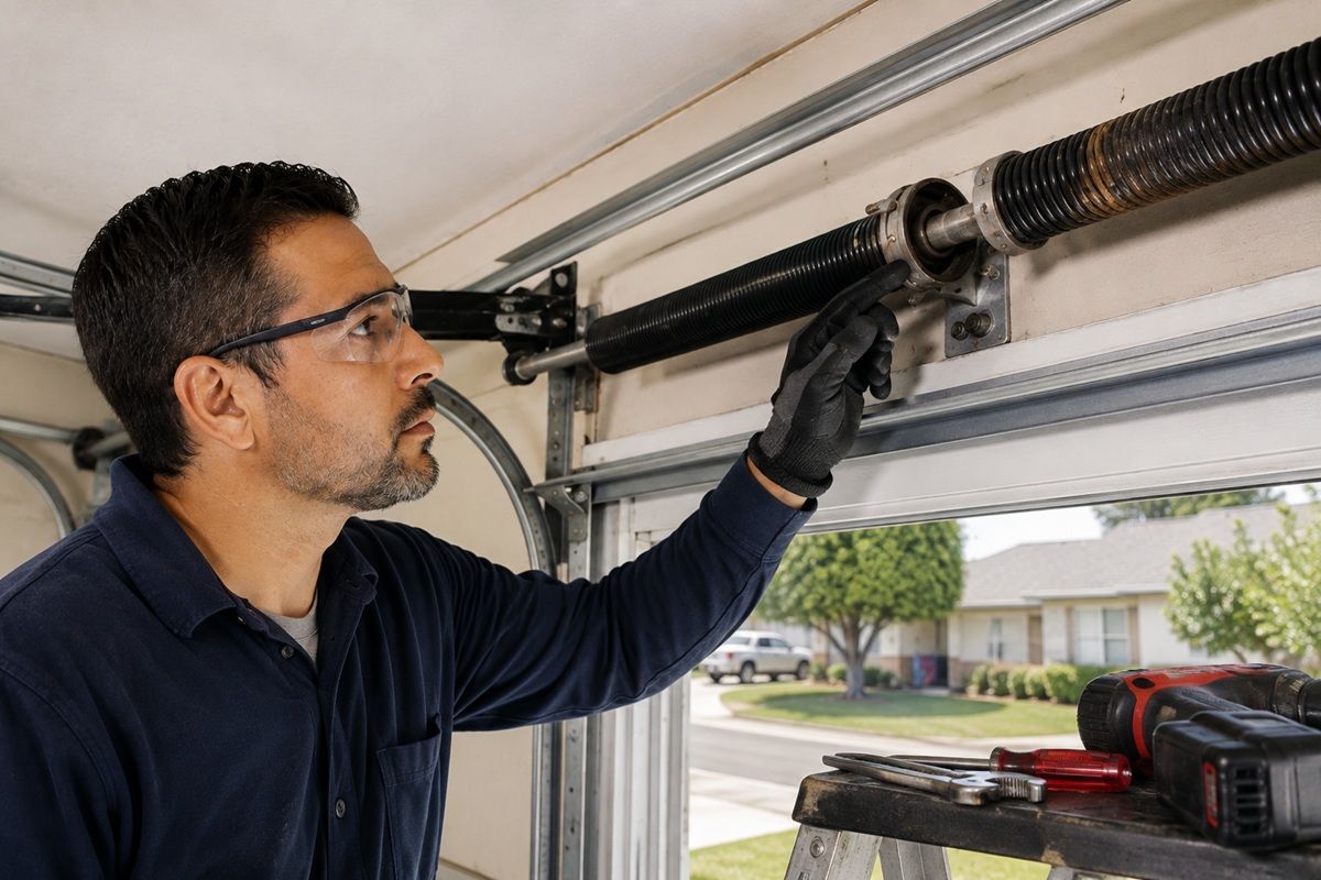 Technician inspecting a broken garage door spring in Hanford, CA