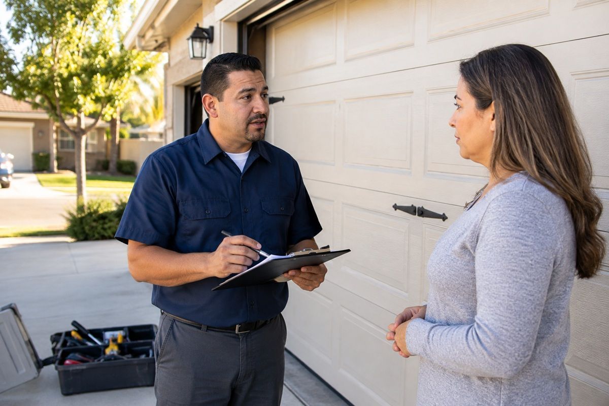 Technician reviewing a garage door repair estimate at a Hanford home