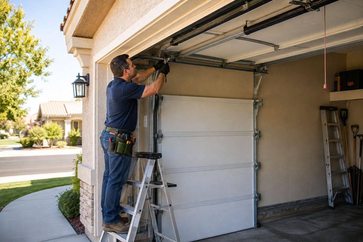 Handyman repairing a residential garage door by adjusting its upper track and hardware in a Hanford, California home. 