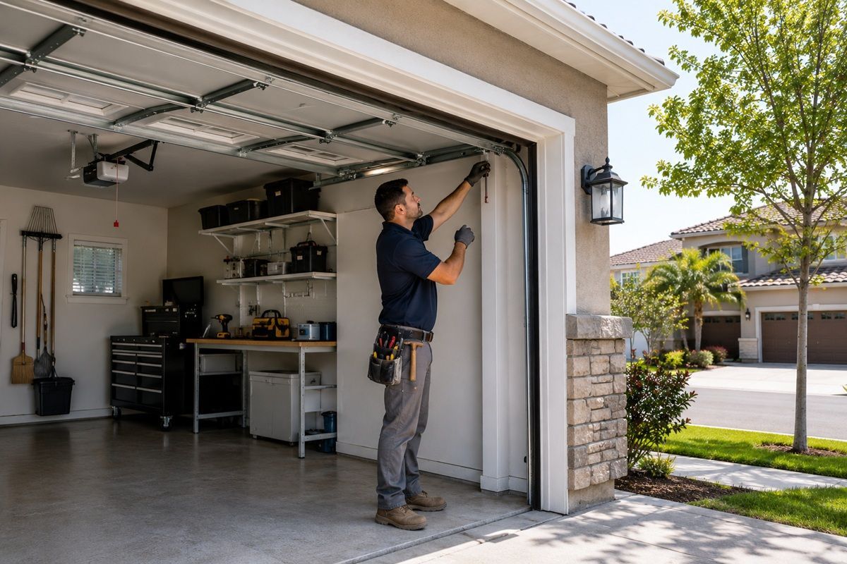 Repaired residential garage door operating at a Hanford home