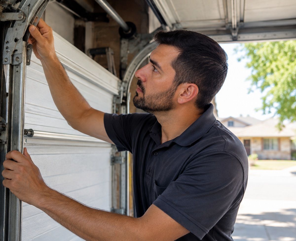 Garage door repair technician inspecting a residential system in Hanford, CA