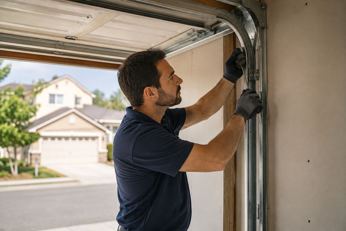 Technician realigning a garage door track at a Hanford home