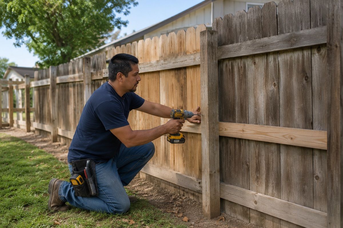 Handyman repairing a wooden backyard fence with a cordless drill in a residential Hanford, California setting.