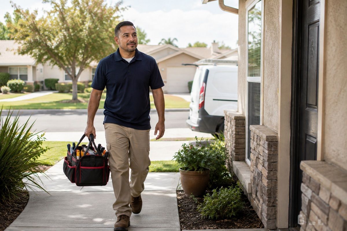 Handyman carrying tools during a home maintenance visit in Hanford, CA