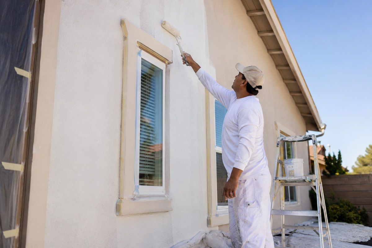 Handyman painting the exterior of a residential home in Hanford, California 